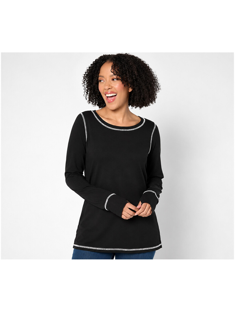 Belle by Kim Gravel Slub Knit Bateau Neck Long Slv Top Black, Size 1X